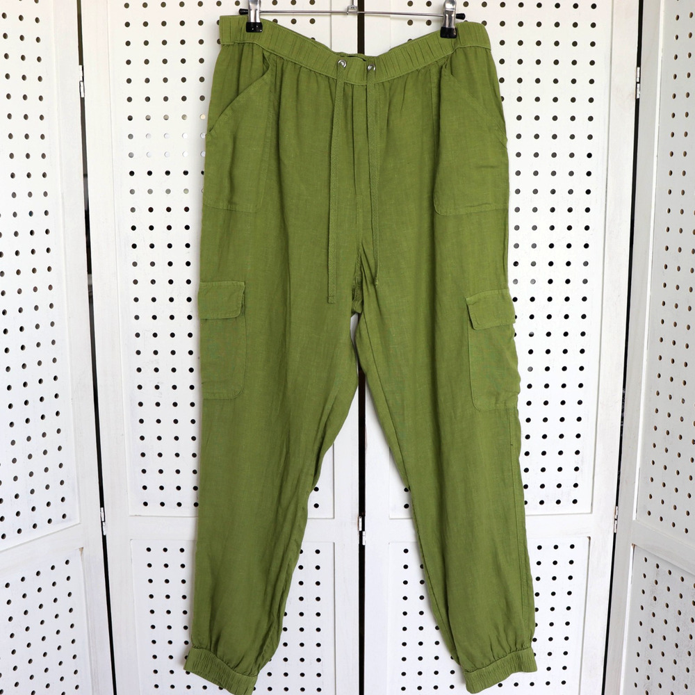 Nicole Miller New York Womens SIZE XL 100% Linen Green Cargo Jogger Pants